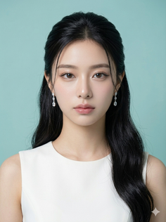 Woman with long black hair and white dress against a light blue background