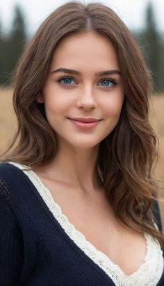 Woman with blue eyes and long wavy hair wearing a dark top with lace trim