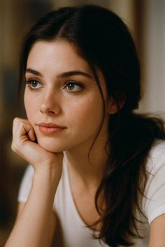 Woman with dark hair in a white t-shirt, resting her chin on her hand