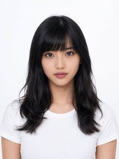 Woman with long black hair and bangs wearing a white t-shirt, portrait shot
