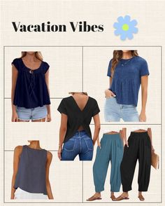 Collage of women's casual summer clothing items for vacation
