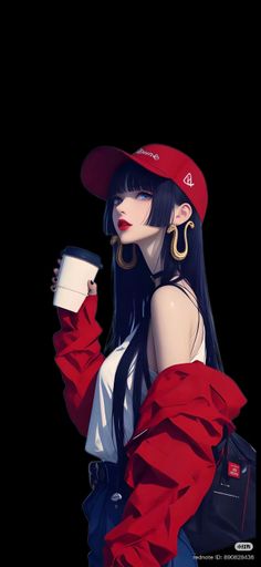 Anime style girl with long dark hair, red cap, and gold earrings holding a cup