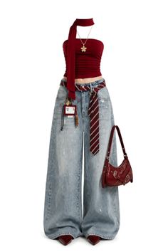Fashion outfit featuring a red tube top, wide leg jeans, and a red handbag