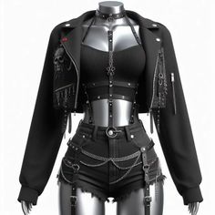 Gothic style outfit with a black jacket, leather harness, and denim shorts on a mannequin