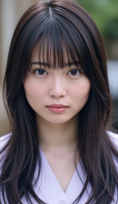 Woman with long black hair and bangs looking directly at the viewer