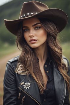 Woman in a cowboy hat and leather jacket with long brown hair