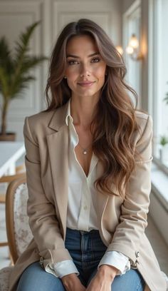Woman with long brown hair wearing a beige blazer and white shirt indoors