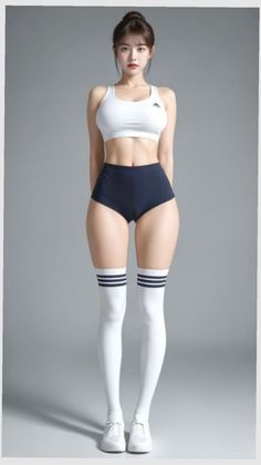 Woman in a white sports bra and dark shorts with thigh-high socks