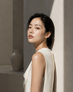 Woman with black hair in a sleeveless top, lit by dramatic indoor lighting
