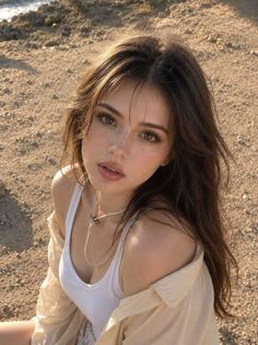Woman with long brown hair wearing a white tank top outdoors