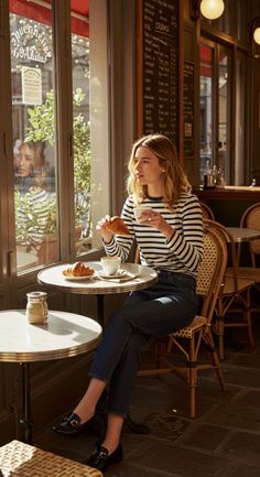Woman in a striped shirt and jeans having coffee and a croissant in a cafe