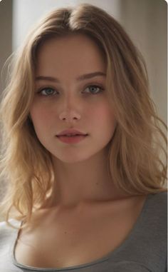 Blonde woman with blue eyes and freckles in a soft lighting portrait