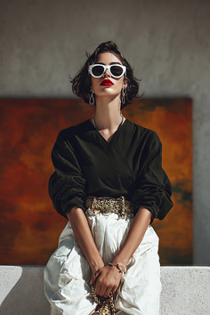 Woman with short hair and white sunglasses wearing a black top and white pants