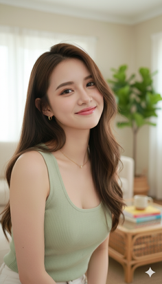 Woman with long brown hair wearing a green tank top indoors