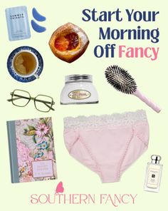 Flat lay of morning routine items including pink underwear and a pastry