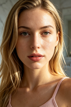 Close-up portrait of a woman with wet blonde hair and green eyes