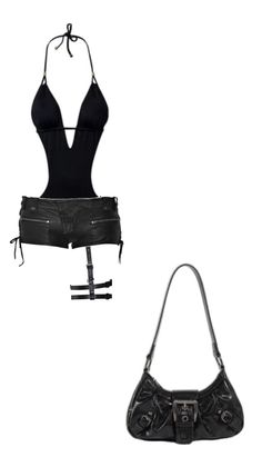 Black swimsuit with leather shorts and a matching handbag
