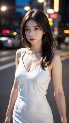Woman in a white dress with cleavage on a city street at night