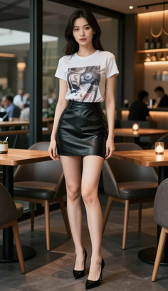 Woman in a white t-shirt and black leather skirt standing in a cafe