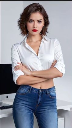 Woman with short hair and red lipstick wearing a white shirt and blue jeans