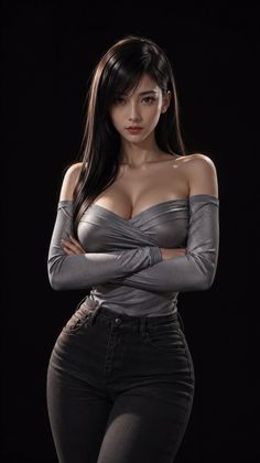 Woman with long black hair wearing an off-shoulder top and black jeans