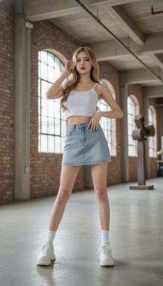Woman with long blonde hair in a white crop top and denim skirt indoors