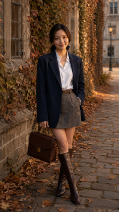 Woman in a blazer and plaid skirt standing on a path with autumn leaves