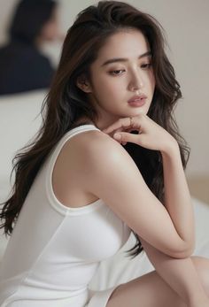 Woman with long dark hair wearing a white tank top, looking down thoughtfully