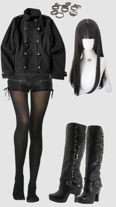 Gothic style outfit with a black jacket, leather shorts, and knee-high boots