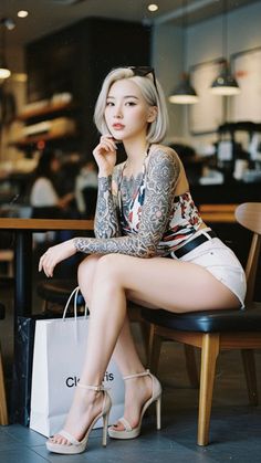 Woman with blonde short hair and tattoos sitting indoors