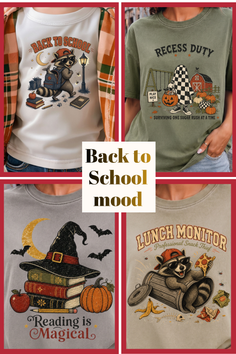Collage of four t-shirt designs with back to school and Halloween themes