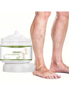Cream jar next to legs with varicose veins, showing before and after results