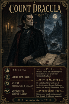 Illustration of Count Dracula in a dark room with a castle visible through a window