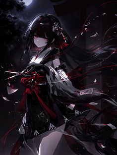 Anime girl with long black hair and red eyes in a kimono holding scissors at night