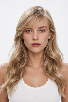 Woman with blonde wavy hair and blue eyes wearing a white tank top