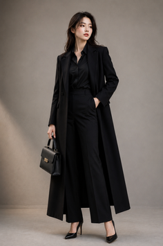Woman in a black coat and pants holding a handbag, looking to the side