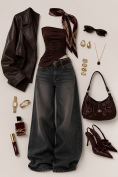 Flat lay of a brown and dark denim outfit with accessories