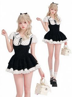 Two women in black and white polka dot dresses with bows on a white background
