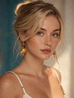Woman with blonde hair in an updo and gold earrings looking at the camera