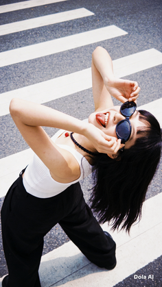 Woman with black hair and sunglasses on a zebra crossing, sticking out her tongue
