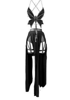 Black butterfly top with rhinestones and a matching long skirt with cut-outs