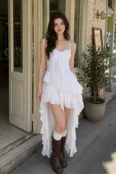 Woman in a white ruffled dress and brown boots standing outdoors