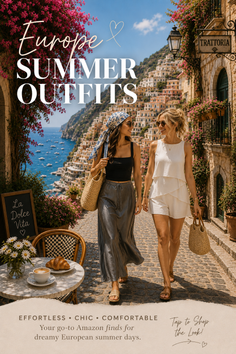 Two women walking on a cobblestone street in a European coastal village