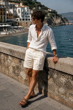 Man in a white shirt and shorts leaning on a stone wall by the sea