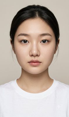 Woman with black hair wearing a white t-shirt in a studio portrait
