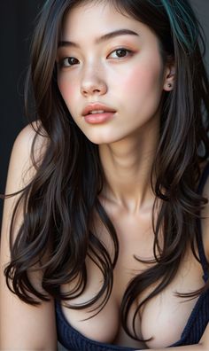 Woman with long dark hair and freckles, wearing a dark top, with soft lighting