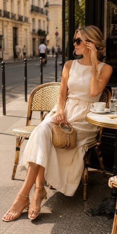 Woman in a cream midi dress and sunglasses sitting at an outdoor cafe