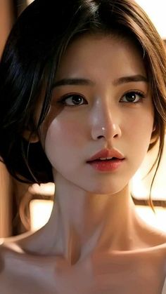 Realistic portrait of a woman with dark hair and soft lighting