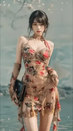 Woman in a sheer floral dress with a clutch bag and jewelry outdoors