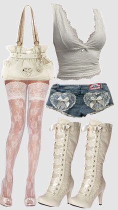 A collection of white lace and denim clothing items and accessories